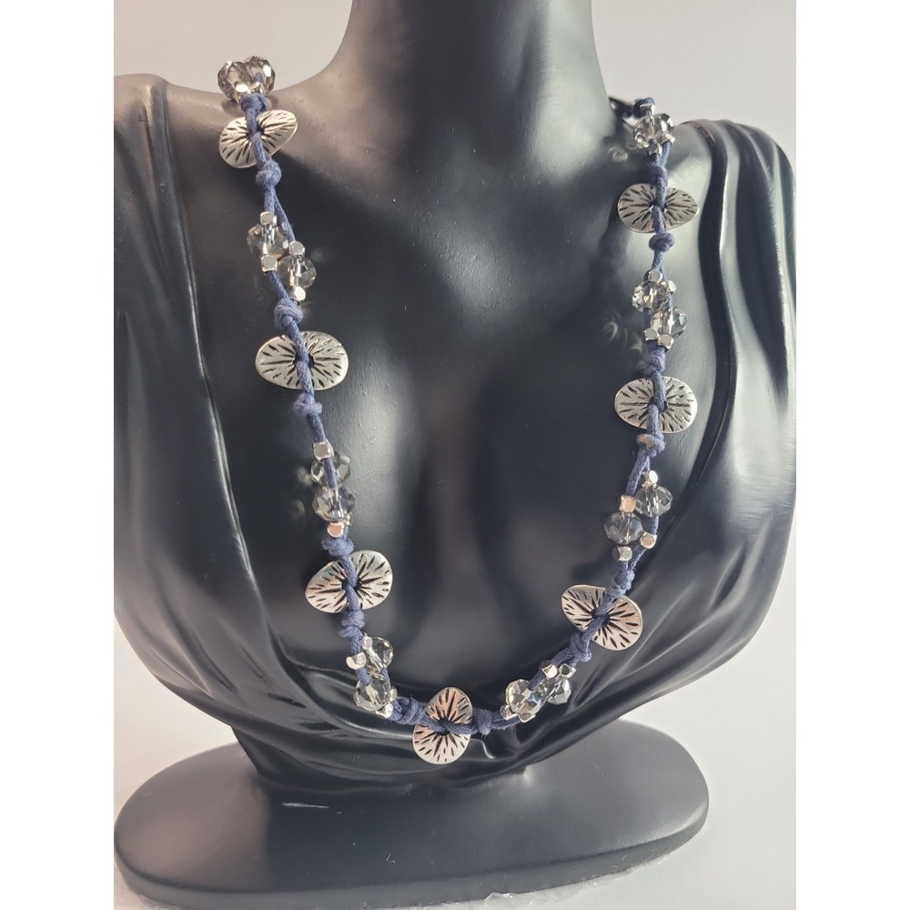 Blue Cord Silver Tone Leaf Bead Necklace Faceted Gray Beads Boho Handmade Style